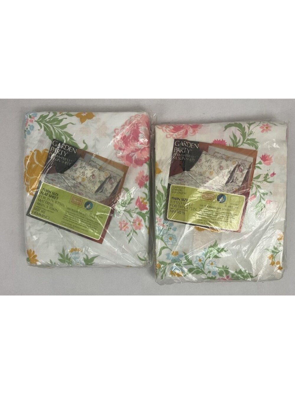 Sears Garden Party Muslin Sheet Set Twin Size Flat Fitted Floral Cottagecore NEW